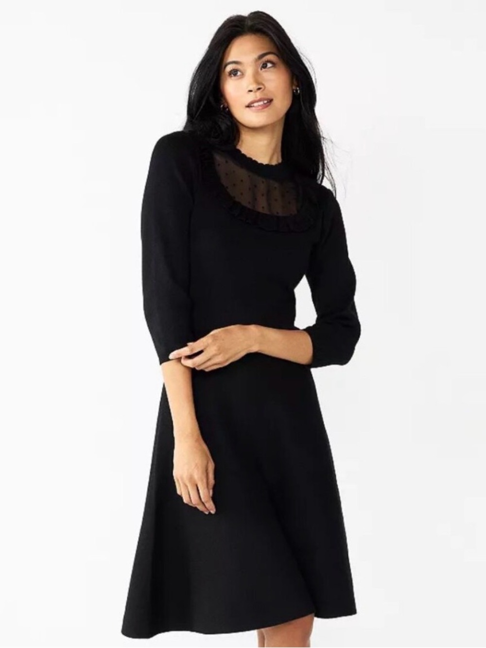 Draper James Black Long-Sleeve Dress with Sheer Dotted Yoke